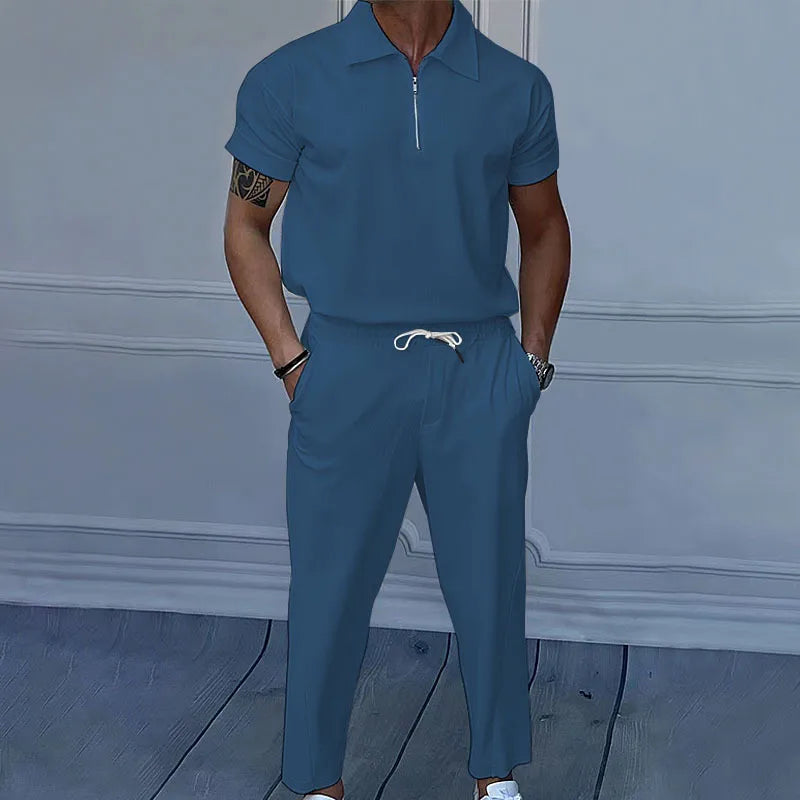 Men's Solid Color Lapel Short Sleeve Zipper Trouser Suit