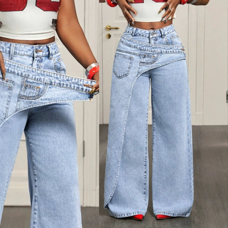 Women's Vintage High Waist Wide Leg Denim Jeans Pants