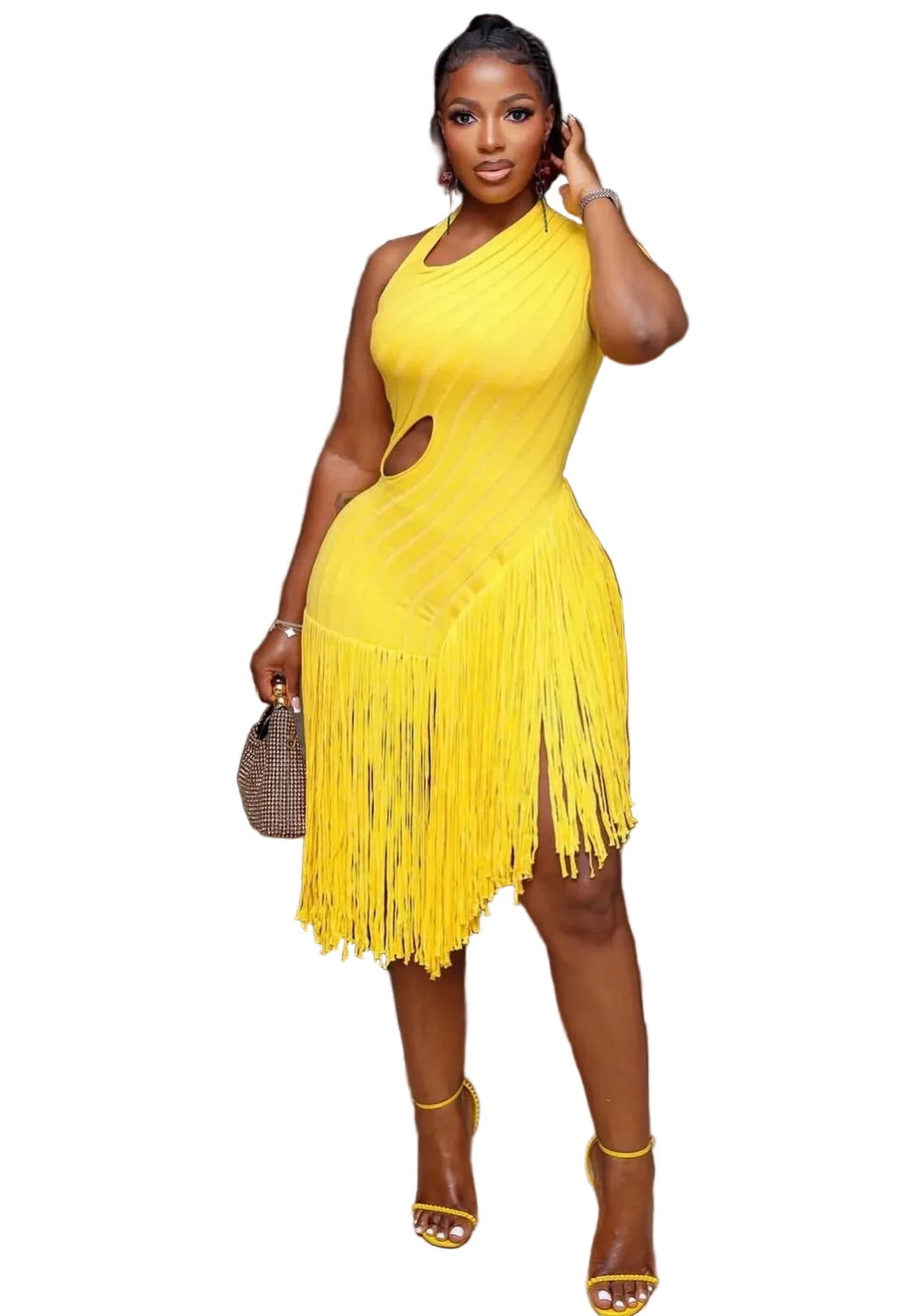 Women's Fashion Asymmetrical One Shoulder Fringe Bodycon Midi Dress