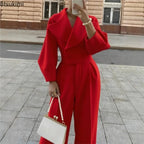 Women's Solid Lapel Woolen Top Wide Leg Pants Set