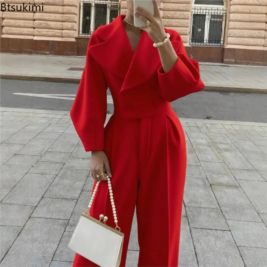 Women's Solid Lapel Woolen Top Wide Leg Pants Set