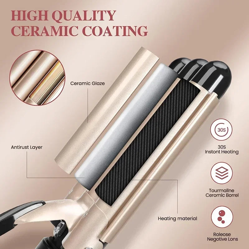 Triple Barrel Ceramic Hair Waver Curling Iron Temperature Control Styling Tool