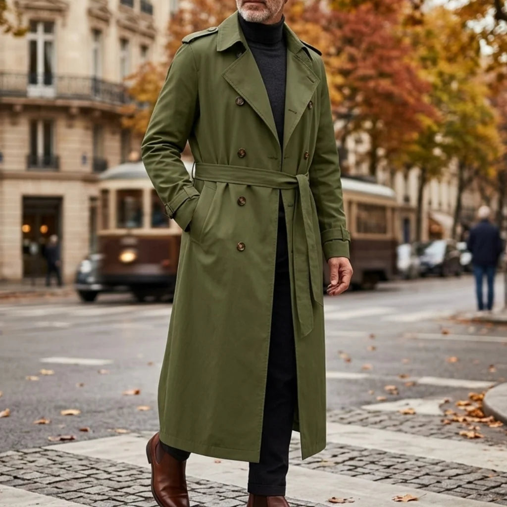 Men's Double-Breasted Long Trench Windbreaker Coat