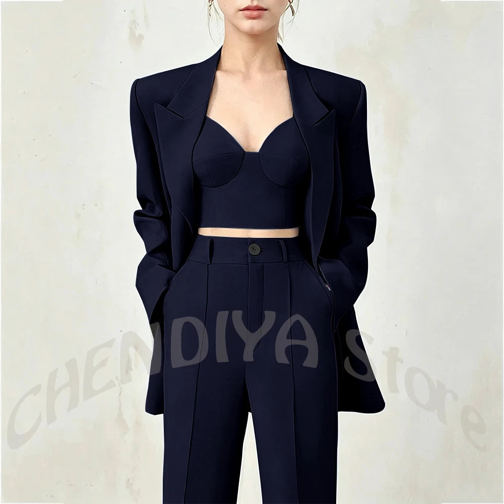 Women's Single Button Tailored Blazer and Pants Suit Set