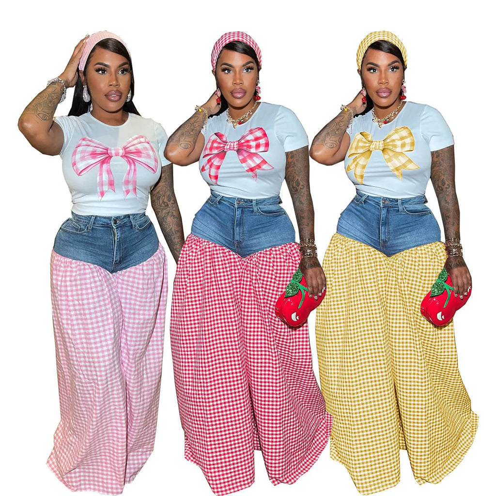 Women's Patchwork Wide Leg Jeans Two-Piece Plaid Tracksuit Set