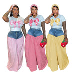 Women's Patchwork Wide Leg Jeans Two-Piece Plaid Tracksuit Set
