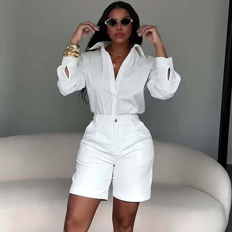 Women's Casual Long Sleeve Shirt and Shorts Two Piece Matching Set