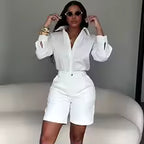 Women's Casual Long Sleeve Shirt and Shorts Two Piece Matching Set