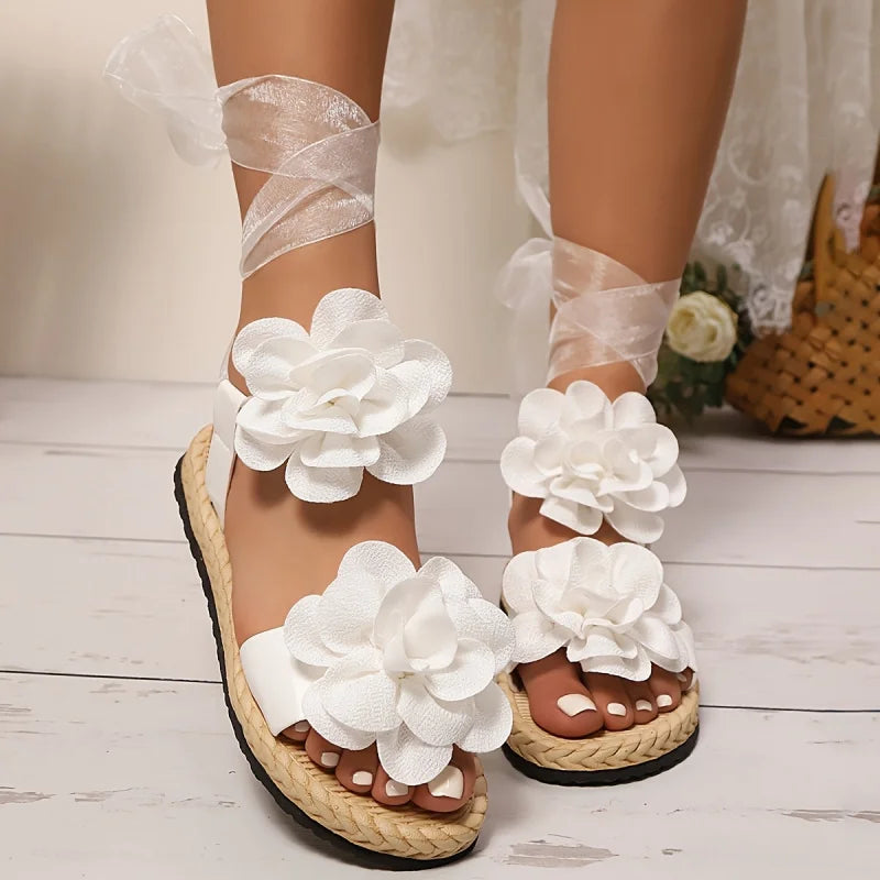 Women's Floral Applique Platform Lace-Up Sandals Flat Open Toe