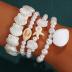 Women's Fashion Bohemian Shell Starfish Stacked Pearl Bead Bracelet Set