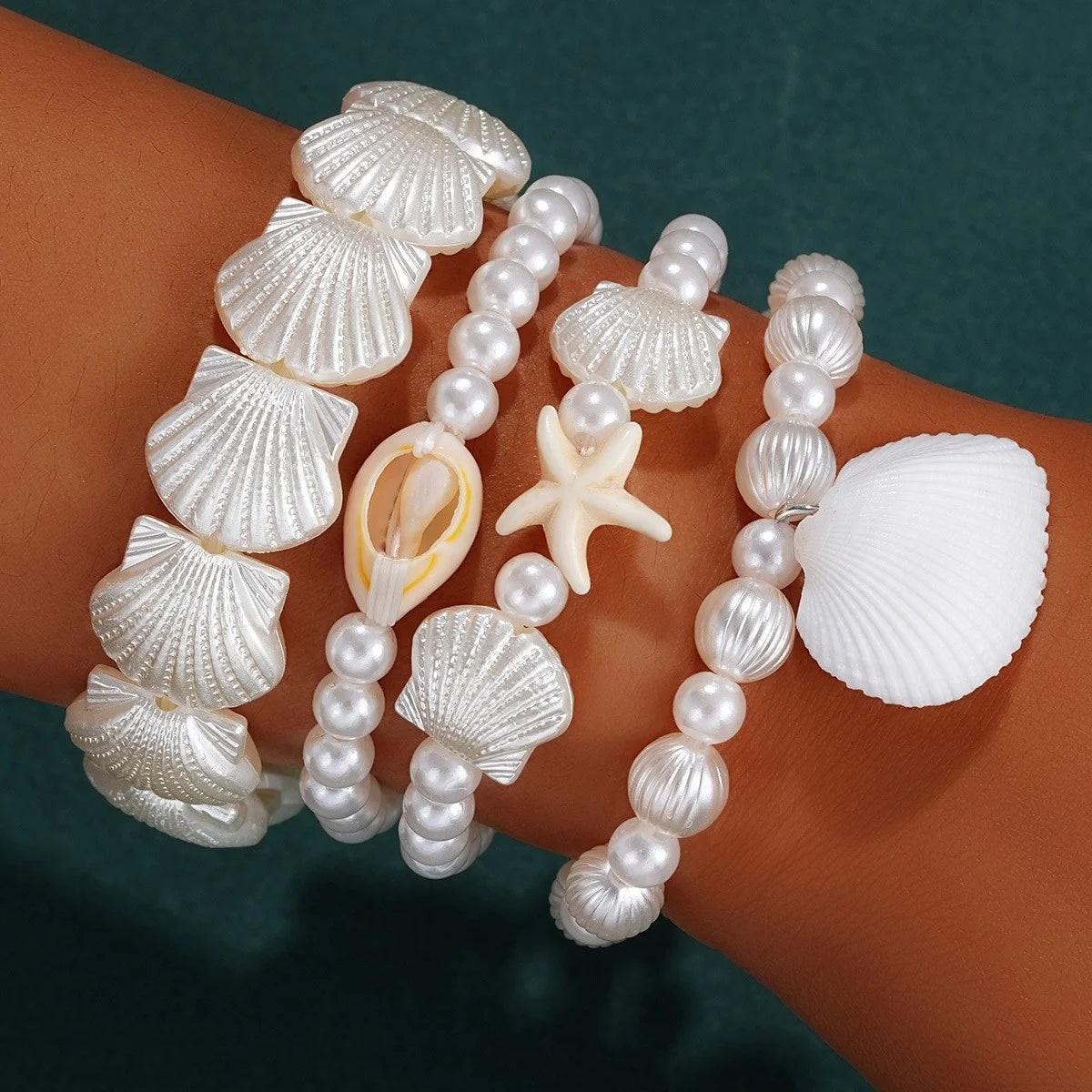 Women's Fashion Bohemian Shell Starfish Stacked Pearl Bead Bracelet Set