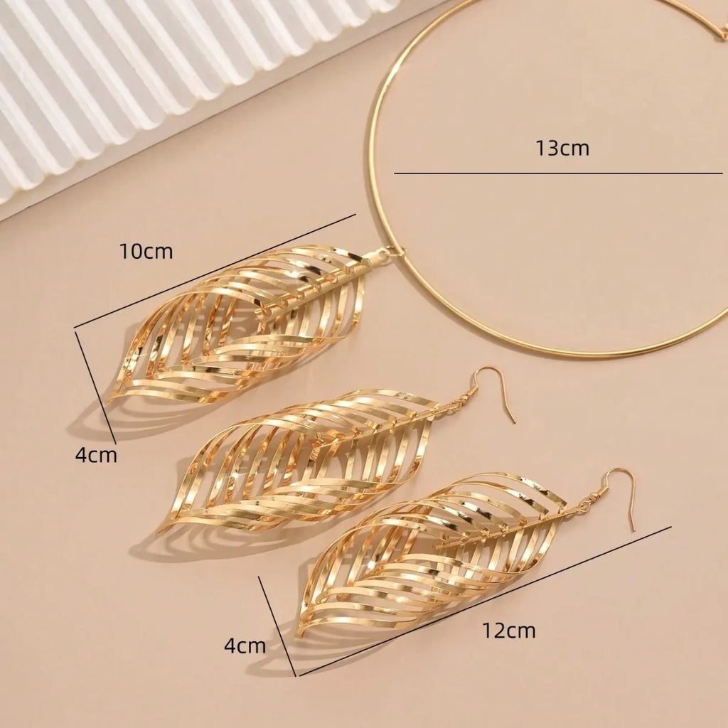 Women's Fashion Elegant Fringed Leaf Collar Necklace and Earrings Jewelry Set