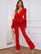 Women's Single Button Blazer and Flared Pants Suit Set