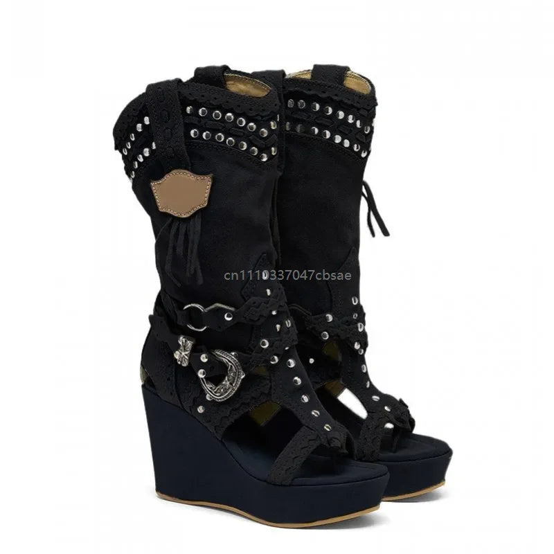 Women's Western Cowboy Wedge Sandals Tassel Fringe Rivet Platform Open Toe High Heel Casual Shoes