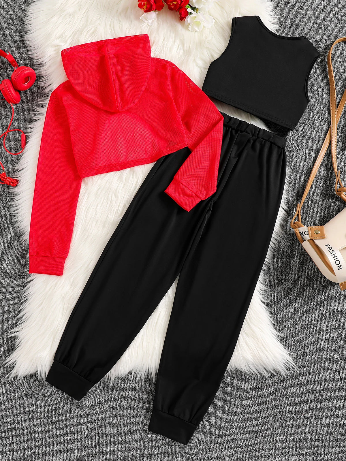 Girls' Casual Hooded Top Tank Pants Three-Piece Set
