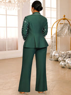 Women's Beaded Blazer and Wide Leg Pants Suit Set