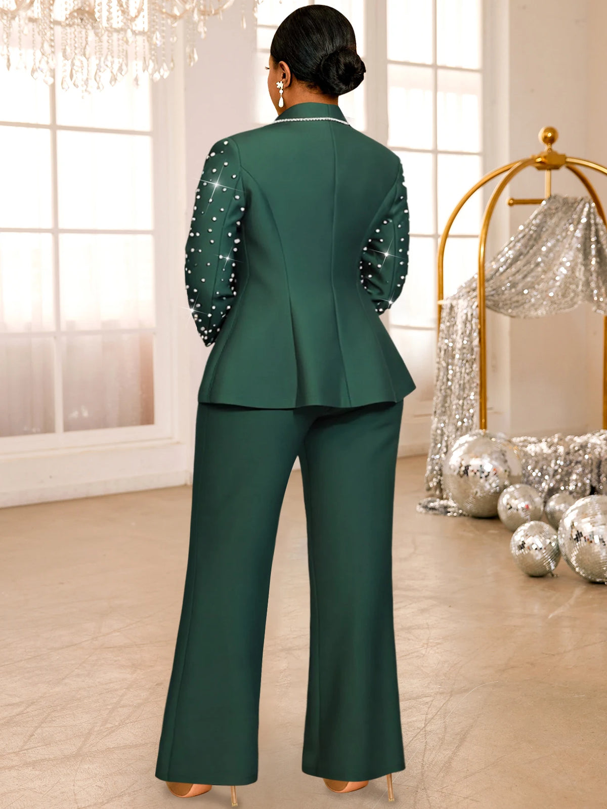Women's Beaded Blazer and Wide Leg Pants Suit Set