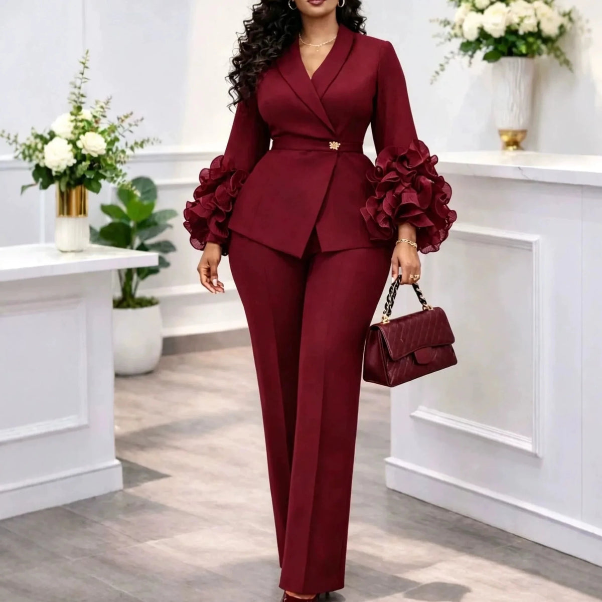 Women's Ruffle Flare Sleeve Blazer Pants Suit