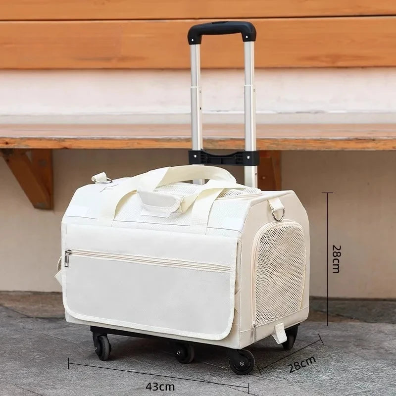 Foldable Double-Layer Pet Carrier with Wheels Breathable Travel Trolley for Two Cats