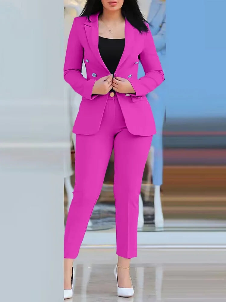Women's Solid Lapel Blazer Slim Pants Set