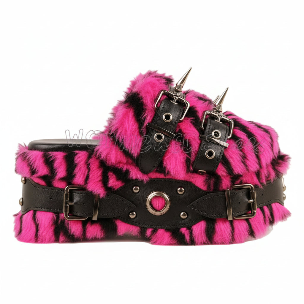 Women's Furry Platform Rivet Sandals Thick Bottom Punk Rock Slippers