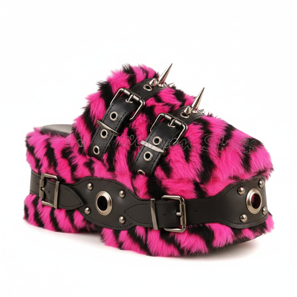 Women's Rivet Platform Furry Slippers Round Toe Thick Bottom Sandals