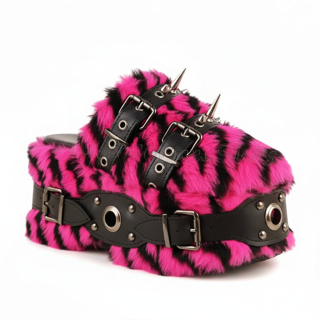 Women's Rivet Platform Furry Slippers Round Toe Thick Bottom Sandals