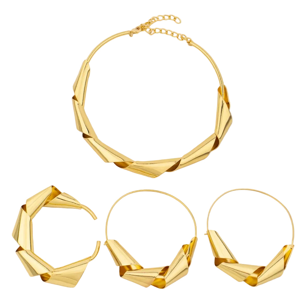 Luxury Gold Plated Dubai Jewelry Set For Women African Copper Twist Bold Design Earrings Necklace Bracelet Quality Jewelry Gift