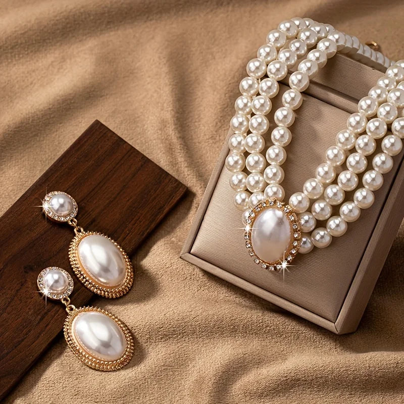 Women's Fashion Elegant Imitation Pearl Necklace and Drop Earrings Jewelry Set