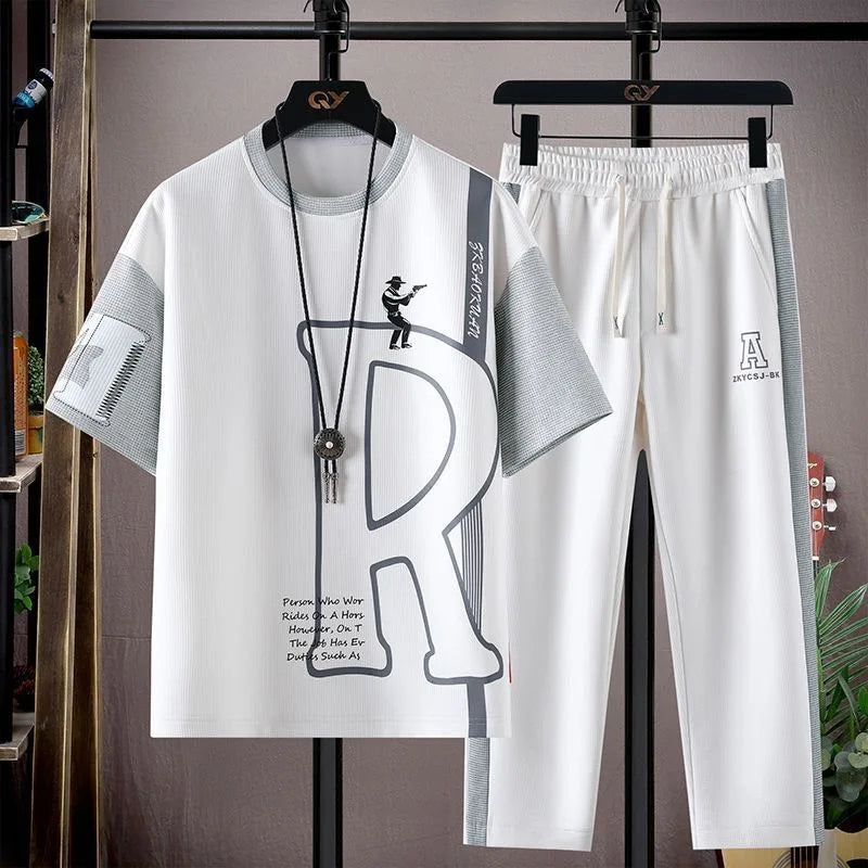 Men's Casual Printed Short Sleeve T-Shirt and Shorts Two Piece Set