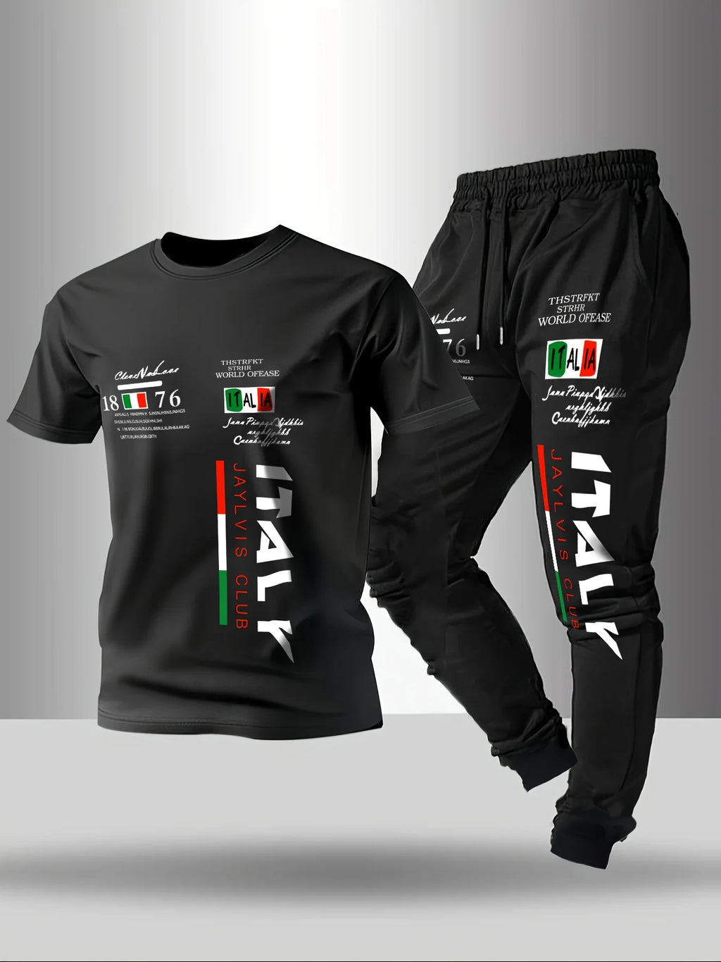 Men's Casual Letter Print Round Neck T-Shirt and Pants Set