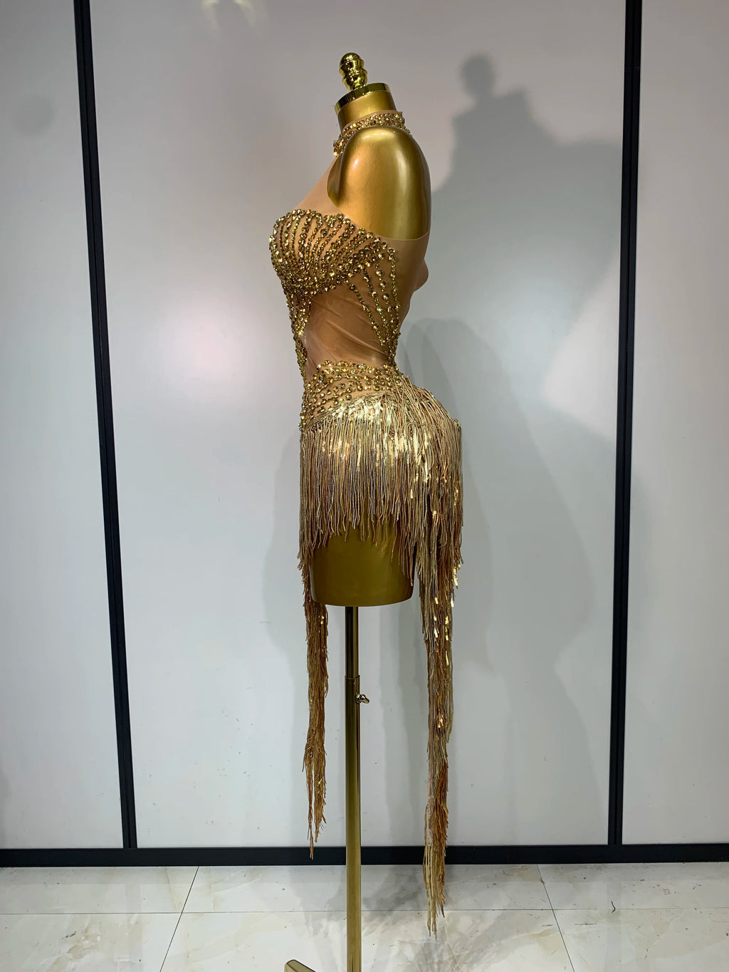 Women's Sexy Rhinestone Tassel Mesh Sleeveless Party Mini Dress