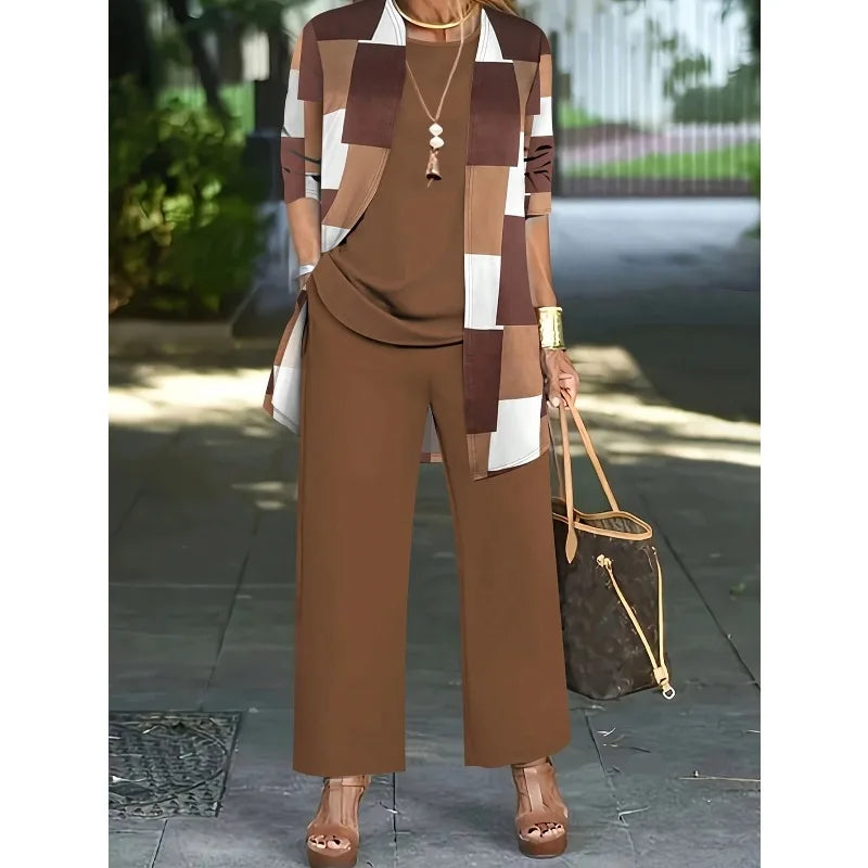 Women's Printed Cardigan Tank Top Pants Three-Piece Set