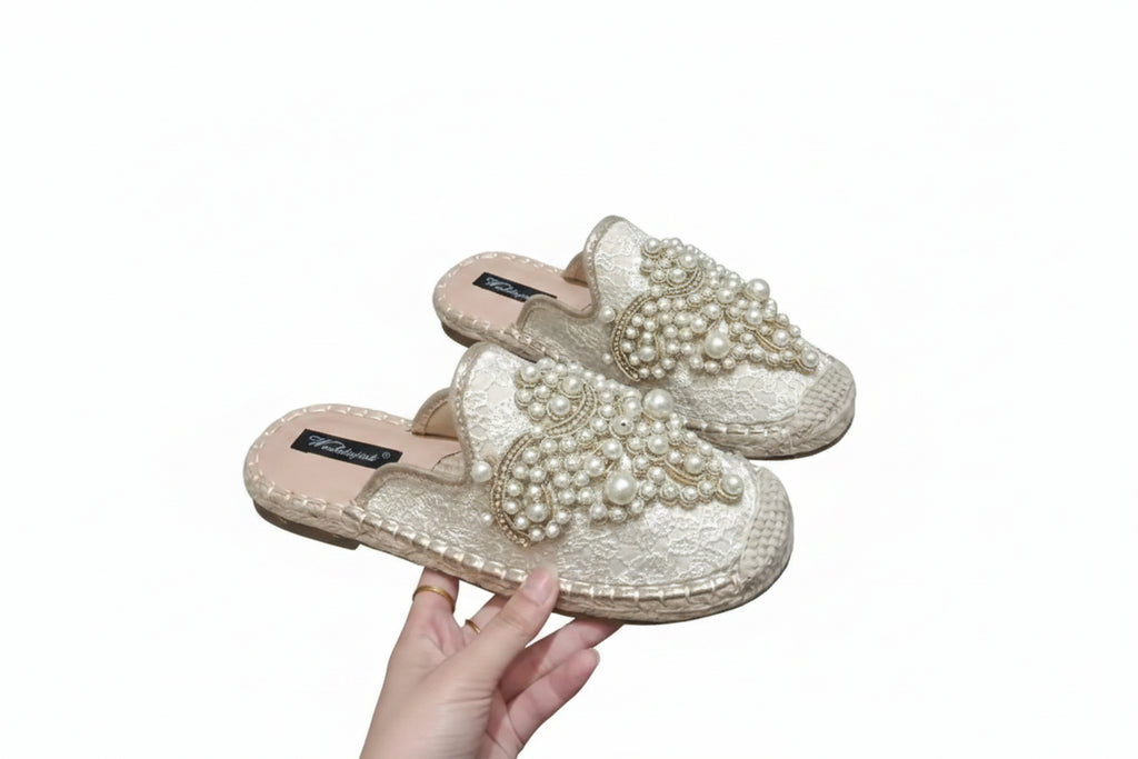 Women's String Bead Half Slippers Pearl Hemp Cotton Fabric Lace Slides