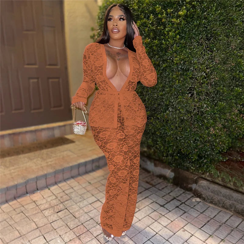 Women's Casual Sheer Lace Two Piece Matching Set