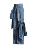 TWOTWINSTYLE High-Waisted Patchwork Lace-Up Jeans Straight Leg Blue