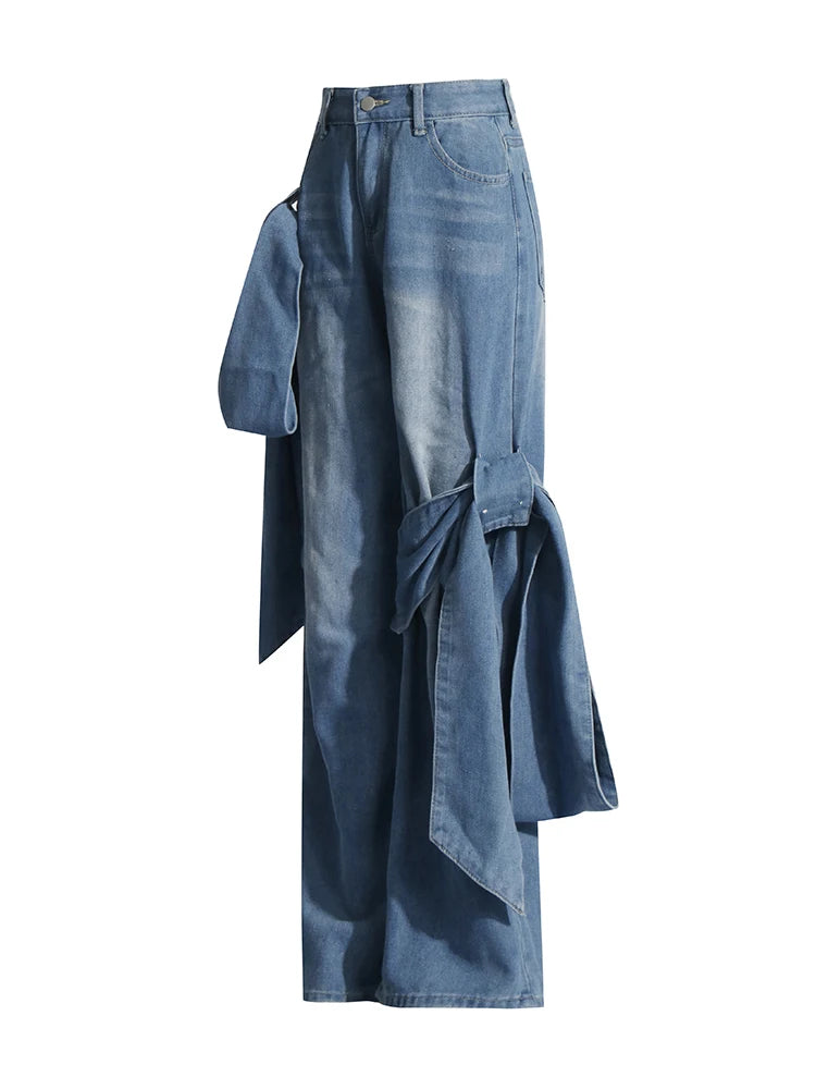 TWOTWINSTYLE High-Waisted Patchwork Lace-Up Jeans Straight Leg Blue