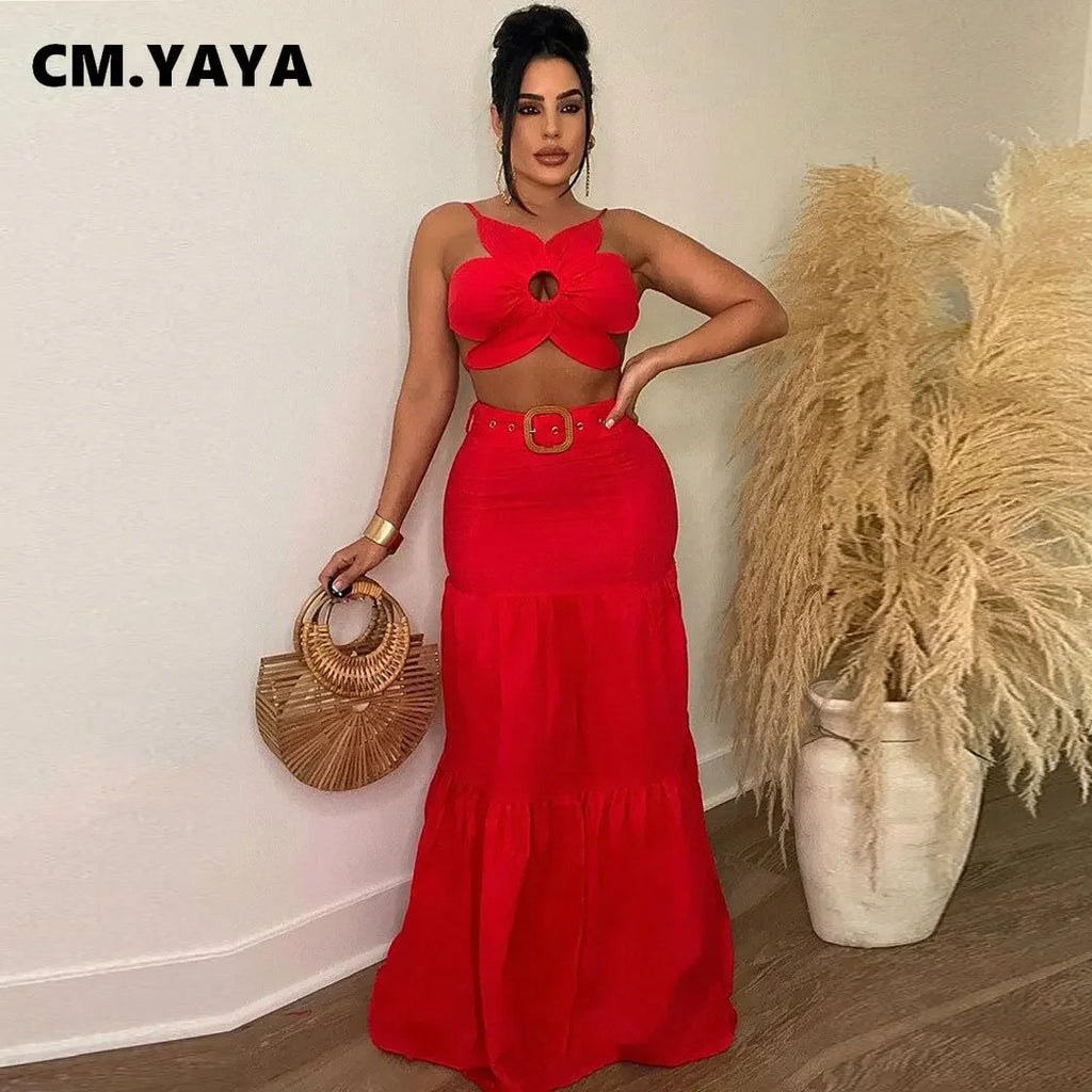 Women's Halter Crop Top and Swing Maxi Skirt Two Piece Set