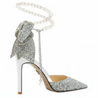 UETEEY Women's Elegant Sequin Bow Pointy Toe High Heels