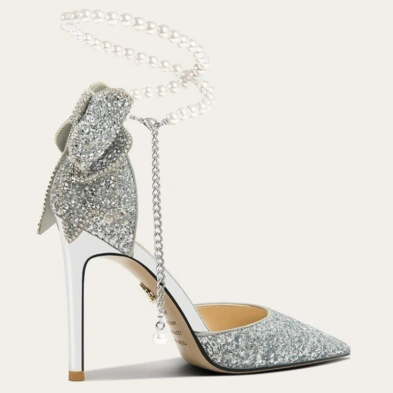 UETEEY Women's Elegant Sequin Bow Pointy Toe High Heels