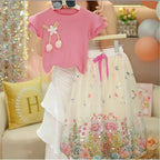 Girls' Lace Short Sleeve Floral Lantern Pants Two Piece Set