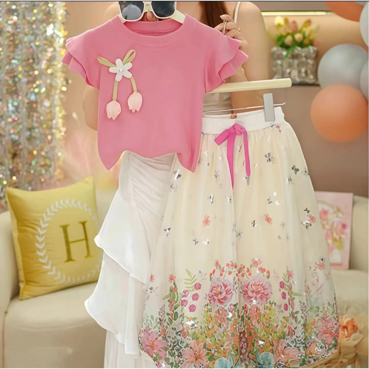 Girls' Lace Short Sleeve Floral Lantern Pants Two Piece Set