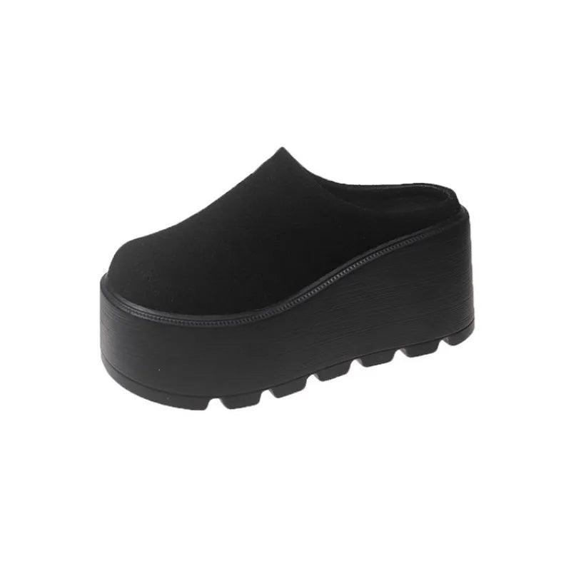 2025 New 9cm Women's Platform Heel Mules Casual Buckle Shoes Closed Toe Backless Slip On Walking Increase Height Wedge Slippers