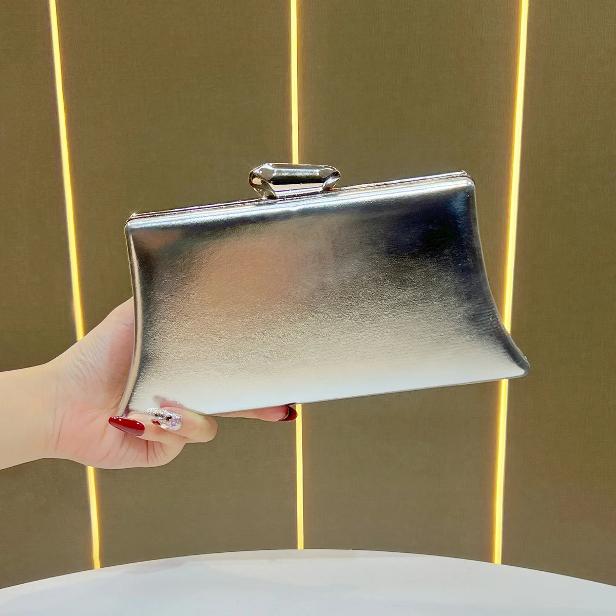 Women's Metallic Trapezoid Evening Clutch Bag with Gold Clasp