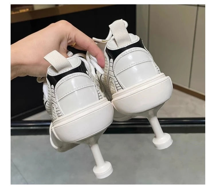 Women's Mesh Lace Up Pointed Toe Dad Sneaker High Heels