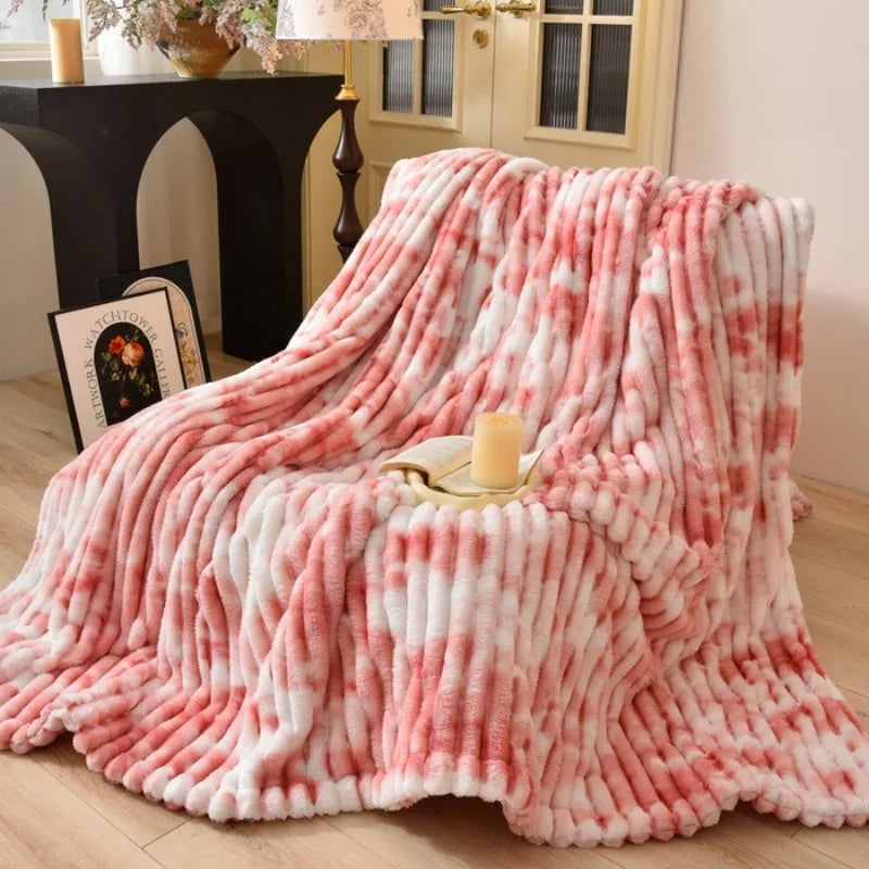 Gradient Soft Plush Flannel Blanket and Warm Coral Fleece Bed Throw