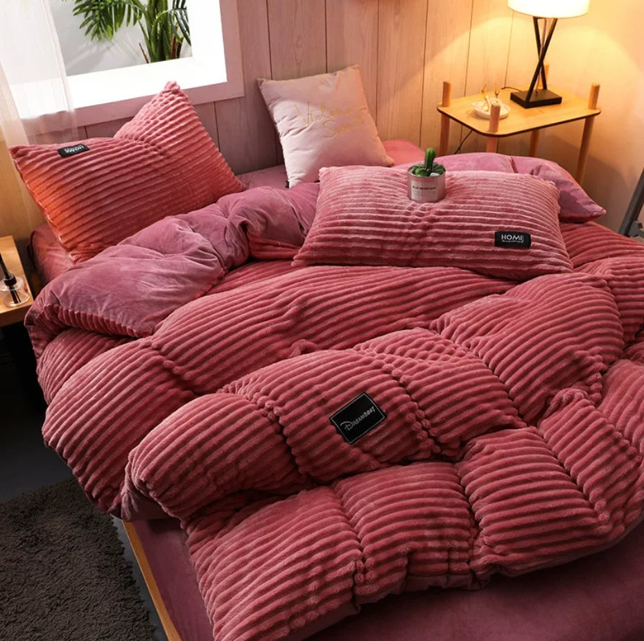 Warm Coral Fleece Duvet Cover and Plush Bedding Set