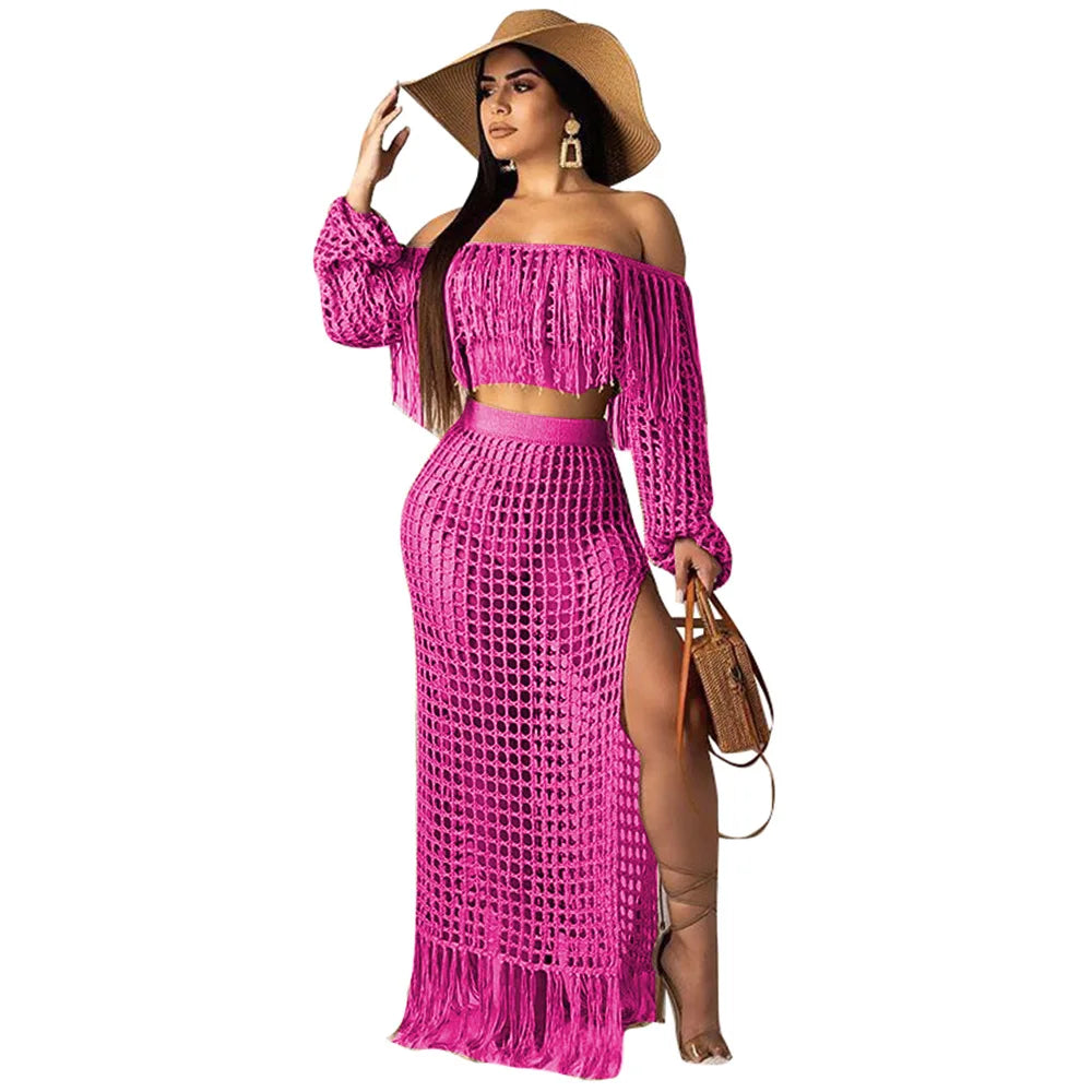 Women's Off Shoulder Tassel Hollow Out Maxi Skirt Set