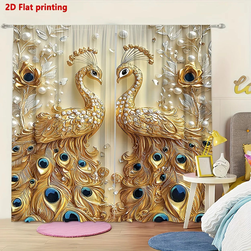 Gold Peacock Window Curtains and 3D Printed Living Room Drapes