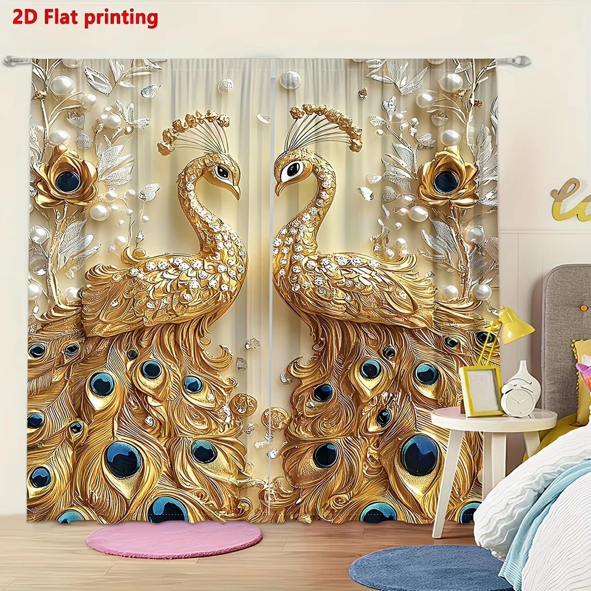 Gold Peacock Window Curtains and 3D Printed Living Room Drapes